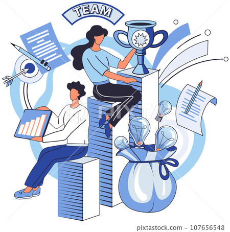 Team solving complex problems. Teamwork vector illustration metaphor. Corporate people working together for solve problem Team building, team collaboration for business idea Miniature scene of workers 107656548