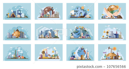 Industrial pollution. Dirty waste. Environmental pollution. Vector illustration. Dirty water in lakes is result industrial pollution Smokes with smog have become major concern in big cities Trash Industrial pollution. Dirty waste. Environmental pollution. Vector illustration. Dirty water in lakes is result industrial pollution Smokes with smog have become major concern in big cities Trash 107656566