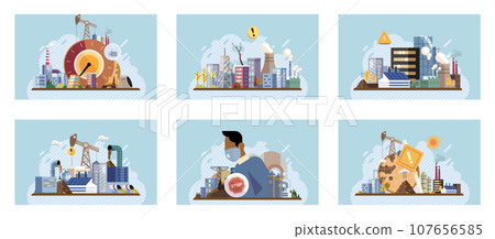 Industrial pollution. Dirty waste. Environmental pollution. Vector illustration. Smokes with smog are clouding our city skies Trash emission is challenge for waste management authorities Environmental 107656585