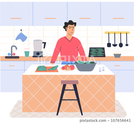 Man preparing salad using vegetarian ingredients standing at table in kitchen room. Proper nutrition, healthy lifestyle and vegetarianism concept. Process of cooking fresh homemade food, healthy dish 107656641