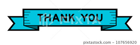 Ribbon label banner with word thank you in blue color on white background 107656920