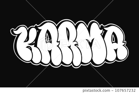 Karma - single word, letters graffiti style. Vector hand drawn logo. Funny cool trippy word Karma, fashion, graffiti style print t-shirt, poster concept 107657232