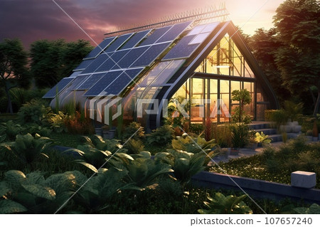 green house with solar panels on roof, alternative energy technologies on residential home building, generative AI 107657240