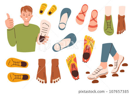 Comfortable ergonomic shoes collection, hand drawn minimalist shoes for men and women, sneakers doodle icons, vector illustrations of different footwear, isolated colored clipart on white background 107657385