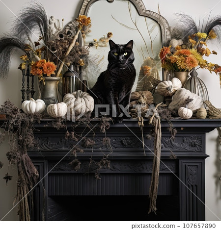 a black cat sitting on top of a mantel in front of a fireplace with pumpkins and gourds 107657890