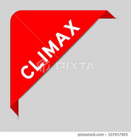 Red color of corner label banner with word climax on gray background 107657905