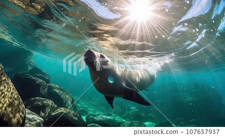 a sea lion swimming in the ocean, with sunlight shining through its eyes and head above the water's surface 107657937