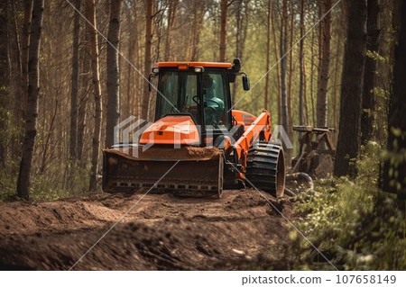 an orange tractor on a dirt road in the woods, with its front end facing away from the camera and it's wheels 107658149