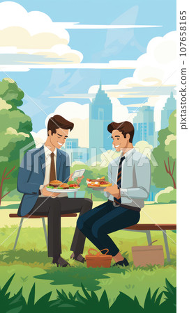 Office workers eating meal from lunchbox Office workers eating meal from lunchbox 107658165