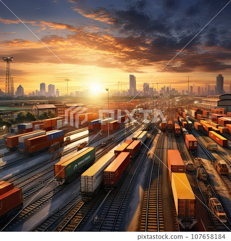 train tracks with the sun setting in the distance and buildings in the background, as seen from an overhead view train tracks with the sun setting in the distance and buildings in the background, as seen from an overhead view 107658184
