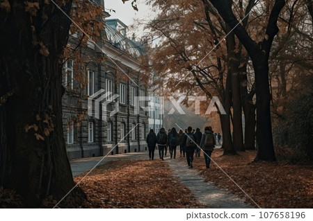people walking down the street in front of an old building with autumn leaves on the ground and trees around them 107658196