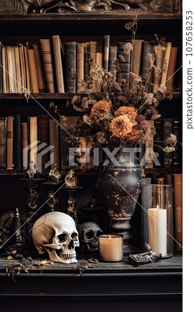 a skull and flowers in a vase on top of a book shelf with books, candles and other objects around it a skull and flowers in a vase on top of a book shelf with books, candles and other objects around it 107658253