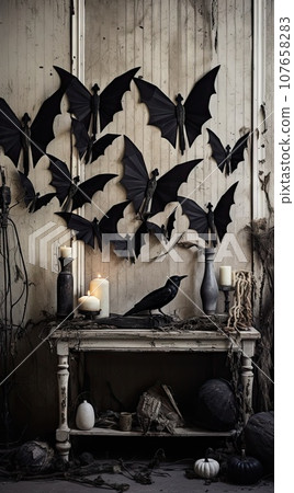 bats hanging on the wall in an old room with candles and other items around it, as well for halloween decor 107658283