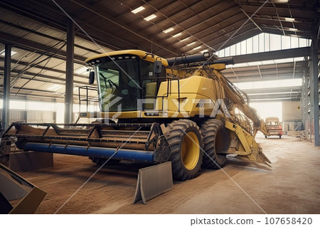 a large yellow tractor in a warehouse with the front end of it's loader being unloadedd 107658420