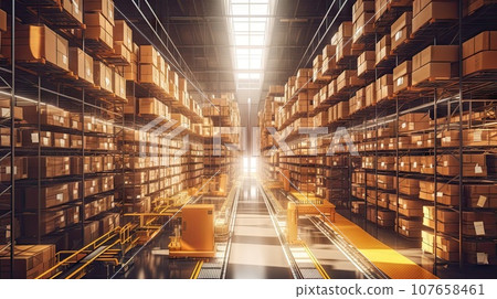 the inside of a large warehouse with lots of boxes and pals on shelves 3d rendering illustration stock images, royalty free stock photos 107658461