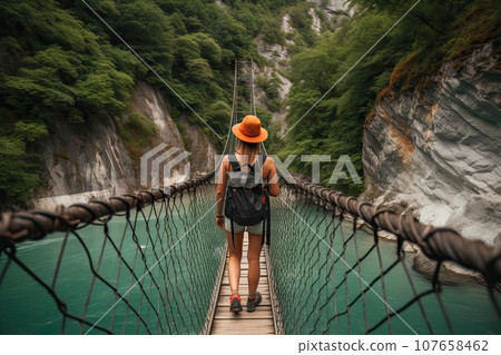 a woman walking across a suspension bridge in the middle of a river surrounded by lush green trees and cliffs behind 107658462