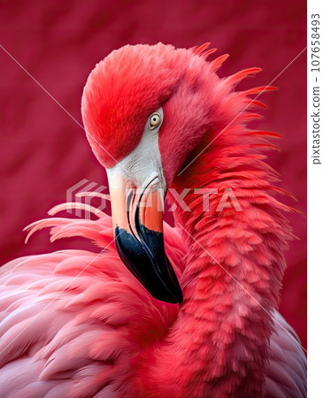 a pink flaming with its head turned to the side and it's looking at the camera, on a red background a pink flaming with its head turned to the side and it's looking at the camera, on a red background 107658493