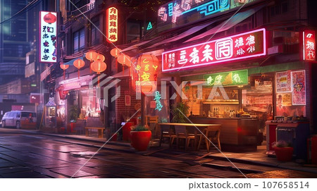 an asian restaurant in the middle of a city at night with neon signs and people walking on the sidewalks an asian restaurant in the middle of a city at night with neon signs and people walking on the sidewalks 107658514