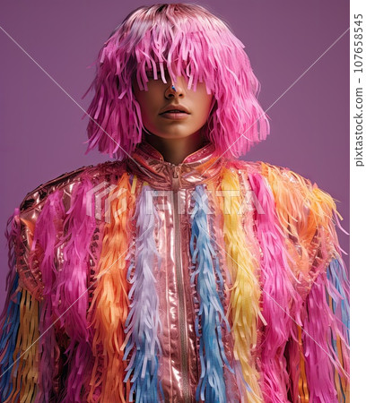 a woman with bright pink hair and colorful feathers on her head, she is wearing a gold jacket that has multi - colored feathers 107658545