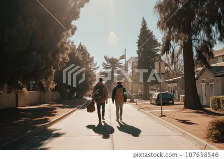 two people walking down the street, one is holding a skateboard and the other is carrying a surfboard 107658546