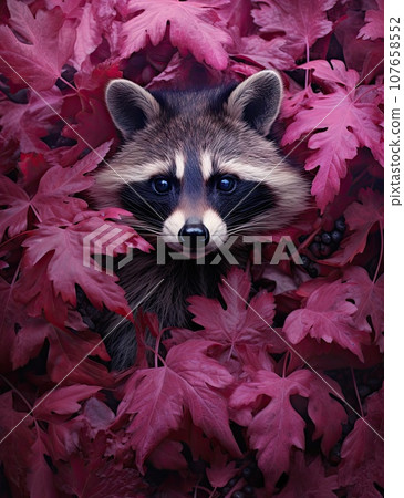 a rada in the fall leaves, with blue eyes and brown fur on it's head looking into the camera 107658552