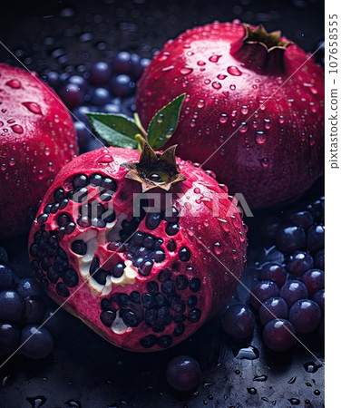blueberries and strawberries with water droplets on the surface, in front of a red pomee fruit 107658555