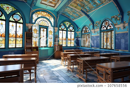 an old school room with stained glass windows and wooden tables in the room is blue, green, and white an old school room with stained glass windows and wooden tables in the room is blue, green, and white 107658556