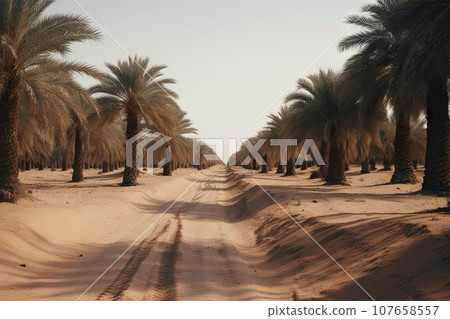 some palm trees in the middle of an empty desert with no people on it, and one person walking down the road some palm trees in the middle of an empty desert with no people on it, and one person walking down the road 107658557