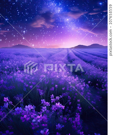 purple flowers in the middle of a field at night, with stars above it and mountains in the distance to the sky purple flowers in the middle of a field at night, with stars above it and mountains in the distance to the sky 107658559
