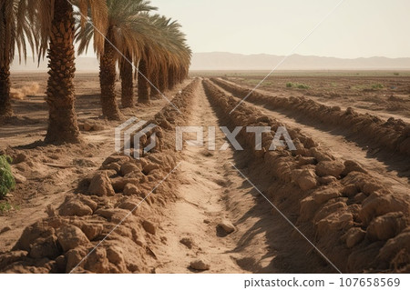 some palm trees in the middle of an arid area with rocks and dirt on either side of the road, 107658569