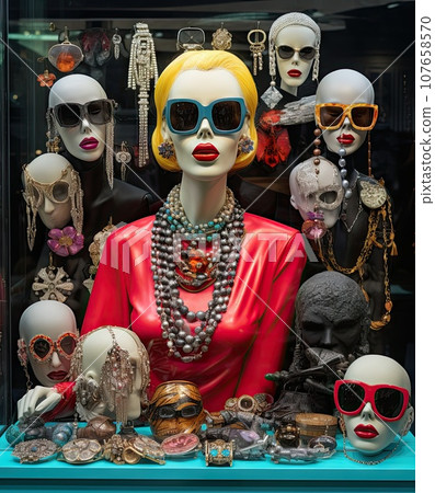 a manne with many different types of jewelry on display in a woman's face is visible behind the manne a manne with many different types of jewelry on display in a woman's face is visible behind the manne 107658570