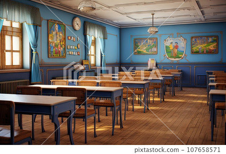 an old school room with blue walls and wooden flooring, there is a painting on the wall above the desks an old school room with blue walls and wooden flooring, there is a painting on the wall above the desks 107658571