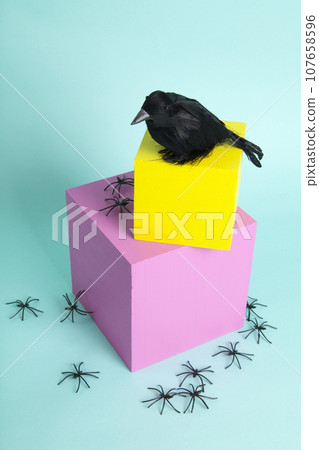 a beautiful raven taking pride of place on yellow and pink cubes  in balance 107658596