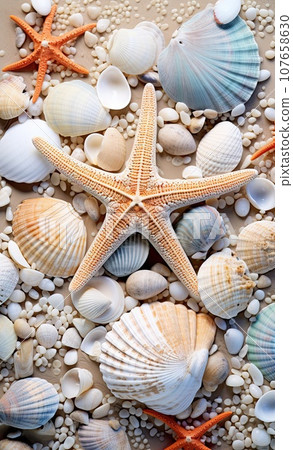 sea shells and starfishs on the beach sand, with shallow water in the background stock photo - rights 107658630