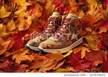 a pair of sneakers with colorful leaves on the ground in front of them, all covered up and ready for fall 107658645