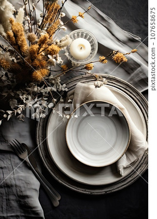 a table setting with white plates, silverware and flowers in the centerpiece is set on a gray linen napkin 107658675