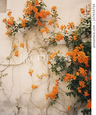 orange flowers growing on the side of a white building with green leaves and vines around it's edges in greece orange flowers growing on the side of a white building with green leaves and vines around it's edges in greece 107658784