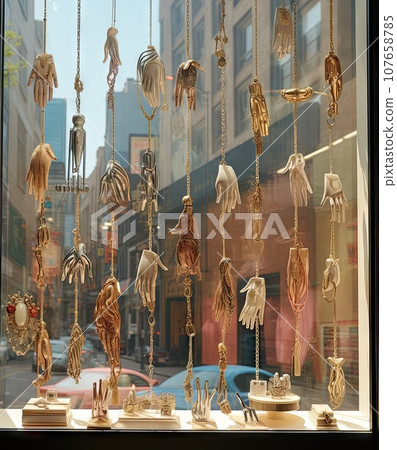 some necklaces hanging in a window with other items on the windowsill, including shells and seashells 107658785