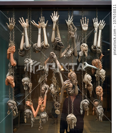 many different objects hanging in a glass case with chains attached to the sides and hands on each side, as if they're 107658811