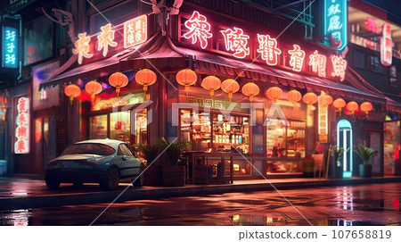 an asian restaurant with neon lights on the outside and cars driving down the street in the rain - free desktop wallpaper 107658819