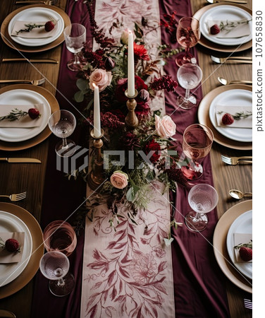 a table setting with burgundy and blush floral runneres, gold placemats, white dinner plates and candles a table setting with burgundy and blush floral runneres, gold placemats, white dinner plates and candles 107658830