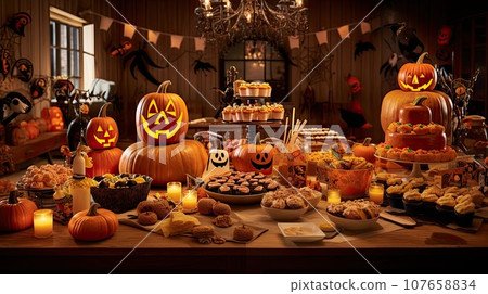 halloween dessert table with pumpkins and other food items on the table are lit by candles, bats, jack's ghost halloween dessert table with pumpkins and other food items on the table are lit by candles, bats, jack's ghost 107658834