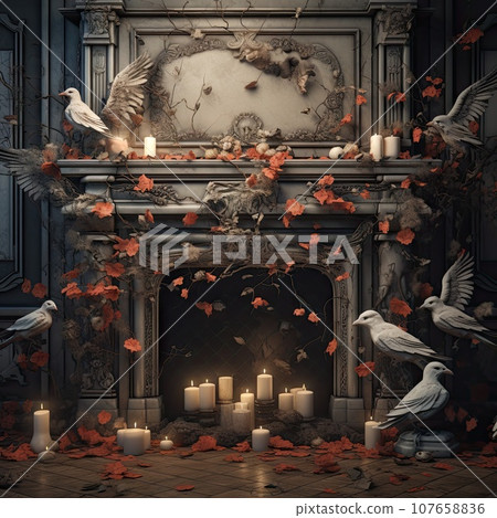 an old fireplace with candles and birds flying around the fire place is surrounded by autumn leaves, which are scattered on the floor 107658836
