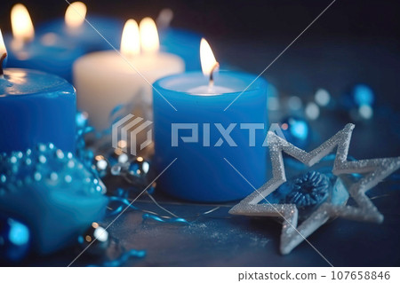 Religion image of jewish holiday Hanukkah with burning candles. AI generated Religion image of jewish holiday Hanukkah with burning candles. AI generated 107658846