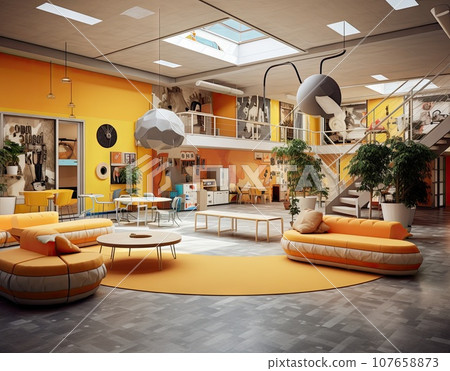 a modern living room with orange walls and floor to ceiling skylights, yellow sofas and round coffee tables a modern living room with orange walls and floor to ceiling skylights, yellow sofas and round coffee tables 107658873