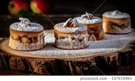 some desserts that are on a wooden board with powdered sugar and apple slices in the background is an apple some desserts that are on a wooden board with powdered sugar and apple slices in the background is an apple 107658964