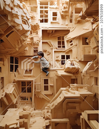 a person in a room made out of wooden blocks and wood planks that are stacked on top of each other pieces 107658999