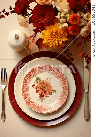 a table setting with red and white plates, silverware, flowers, and candles on the table for thanksgiving dinner a table setting with red and white plates, silverware, flowers, and candles on the table for thanksgiving dinner 107659041