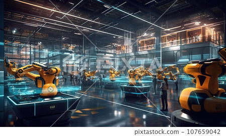 an industrial factory with robots working on the machines and people looking at them in the room is lit by bright blue lights 107659042