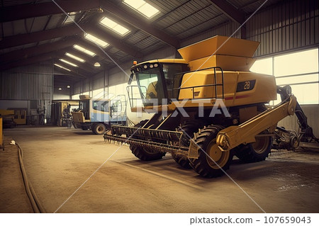 a yellow combiner in a warehouse with lots of other machinery and equipment around the area, including two large machines a yellow combiner in a warehouse with lots of other machinery and equipment around the area, including two large machines 107659043
